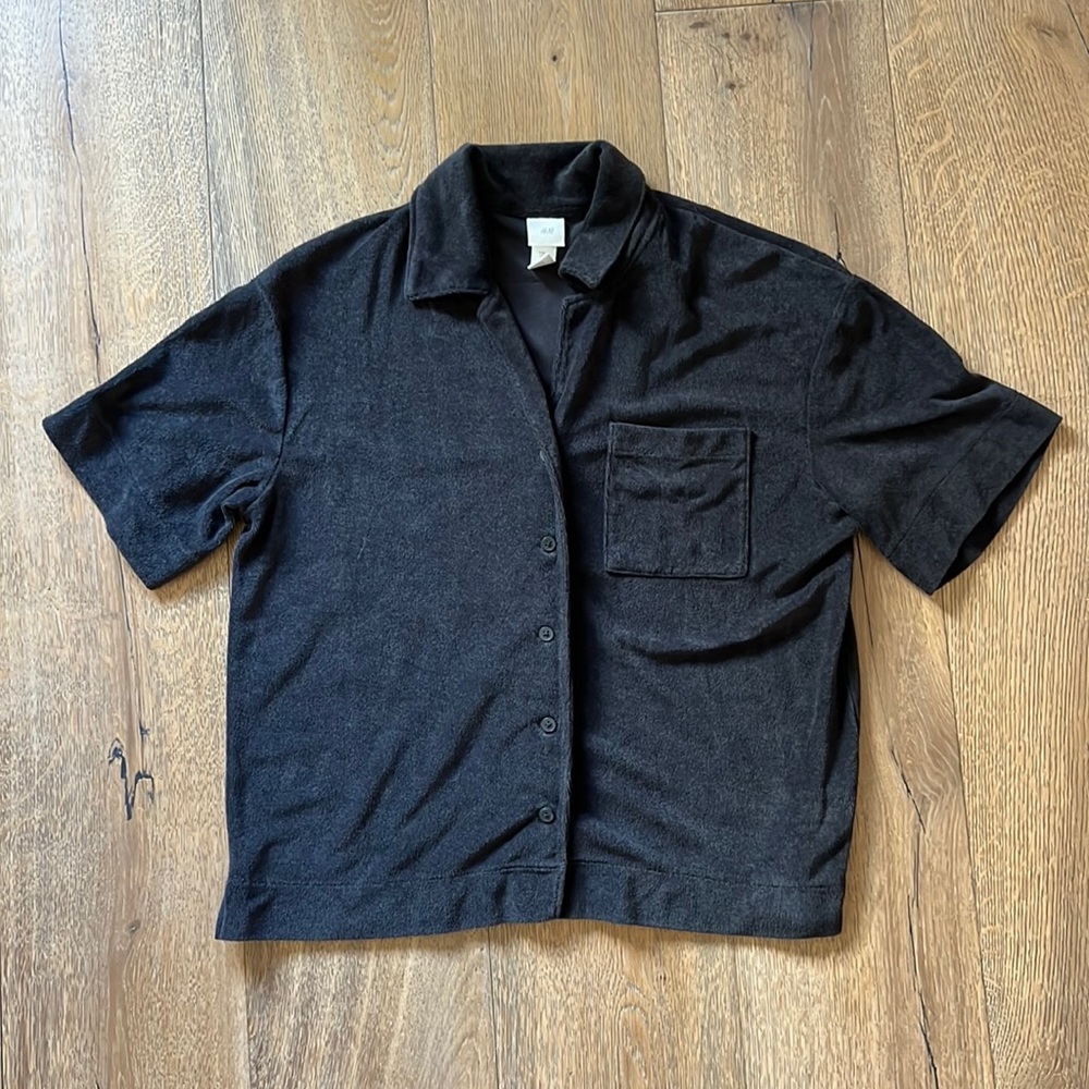 Short Sleeved Terry Button Up Black Shirt